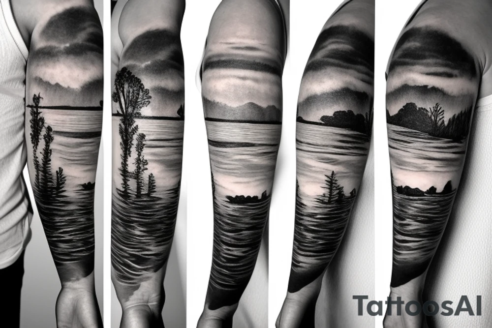 On my left arm, a sleeve tattoo of the Murray River during sunset. tattoo idea