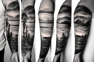 On my left arm, a sleeve tattoo of the Murray River during sunset. tattoo idea