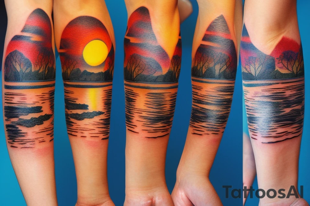 On my left arm, a sleeve tattoo of the Murray River during sunset. tattoo idea