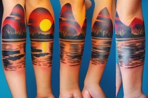 On my left arm, a sleeve tattoo of the Murray River during sunset. tattoo idea