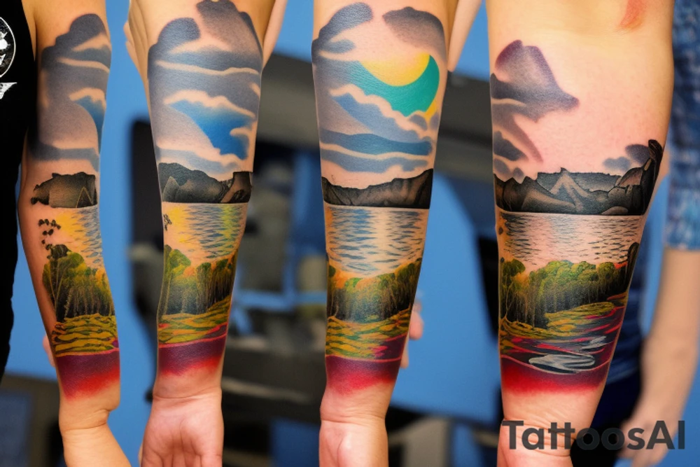 On my left arm, a sleeve tattoo of the Murray River during sunset. tattoo idea