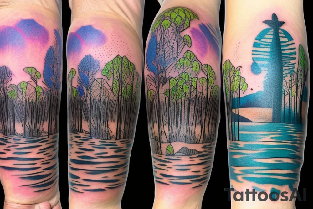 On my left arm, a sleeve tattoo of the Murray River with Eucalyptus camaldulensis is the background during sunset. tattoo idea