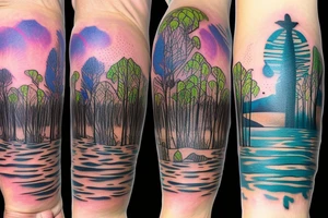 On my left arm, a sleeve tattoo of the Murray River with Eucalyptus camaldulensis is the background during sunset. tattoo idea