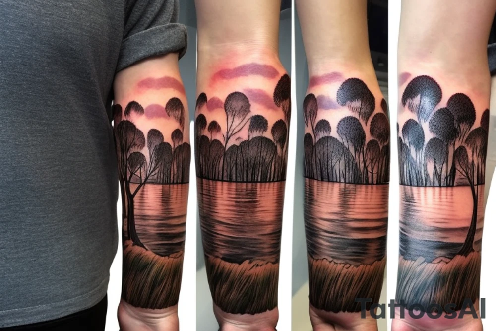 On my left arm, a sleeve tattoo of the Murray River with Eucalyptus camaldulensis is the background during sunset. tattoo idea