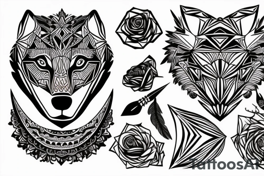 Tribal wolf with rose tattoo idea