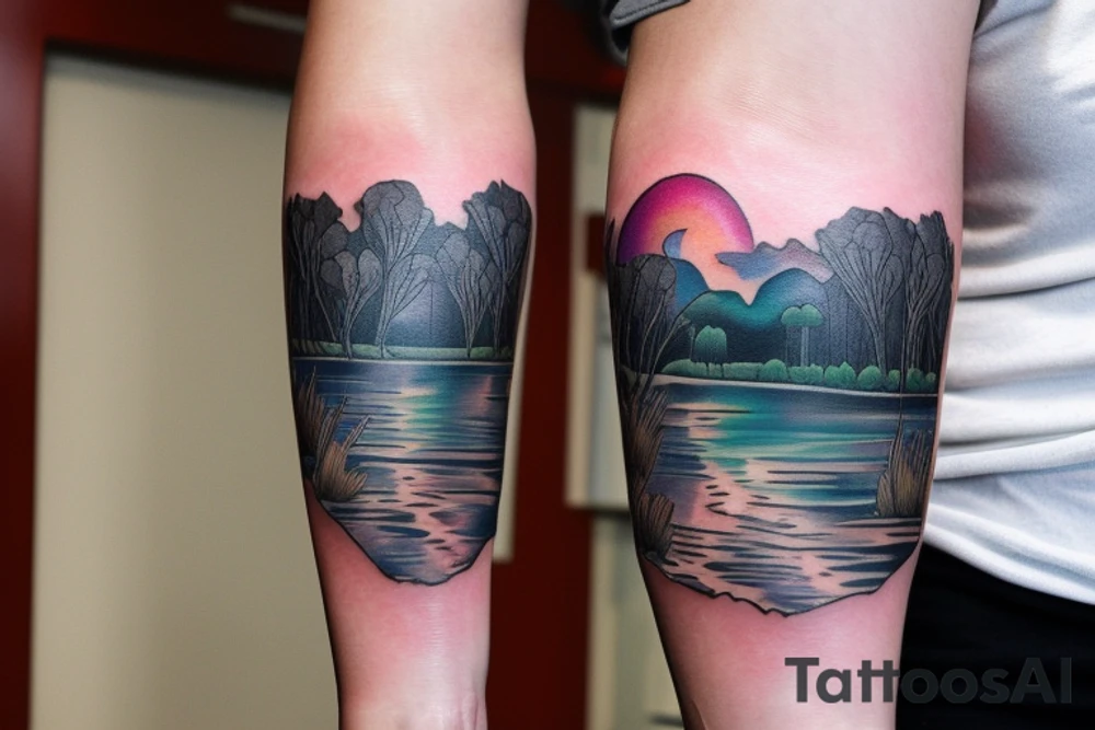On my left arm, a sleeve tattoo of the Murray River with Eucalyptus camaldulensis is the background during sunset. tattoo idea