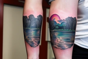 On my left arm, a sleeve tattoo of the Murray River with Eucalyptus camaldulensis is the background during sunset. tattoo idea