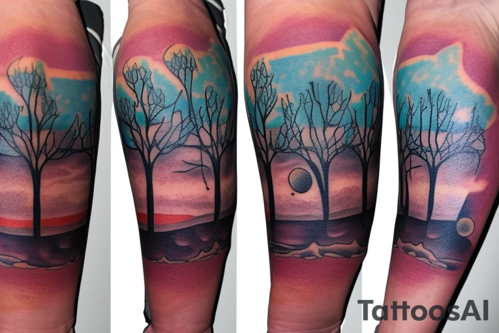 On my left arm, a sleeve tattoo of the Murray River with Eucalyptus camaldulensis is the background during sunset. tattoo idea