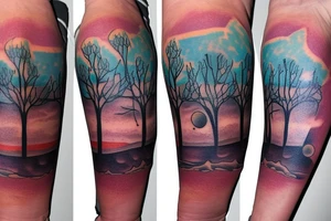 On my left arm, a sleeve tattoo of the Murray River with Eucalyptus camaldulensis is the background during sunset. tattoo idea