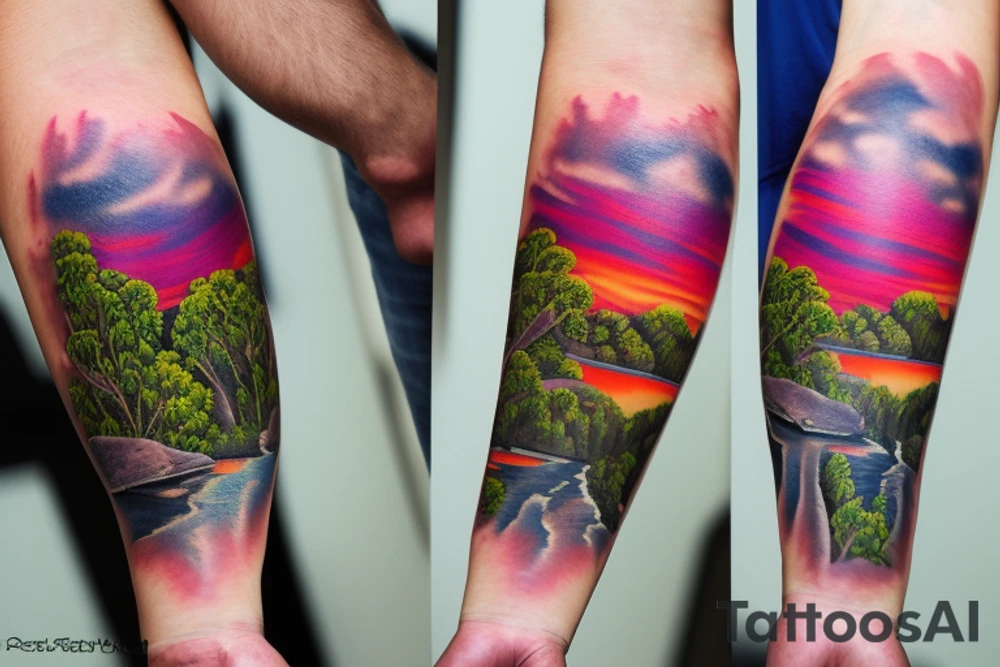 On my left arm, a sleeve tattoo of the Murray River with Eucalyptus camaldulensis is the background during sunset. tattoo idea