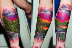 On my left arm, a sleeve tattoo of the Murray River with Eucalyptus camaldulensis is the background during sunset. tattoo idea