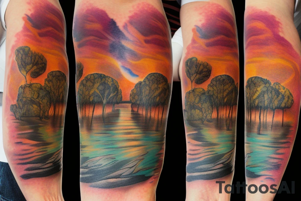On my left arm, a sleeve tattoo of the Murray River with Eucalyptus camaldulensis is the background during sunset. tattoo idea
