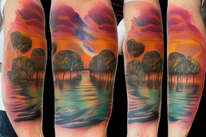 On my left arm, a sleeve tattoo of the Murray River with Eucalyptus camaldulensis is the background during sunset. tattoo idea