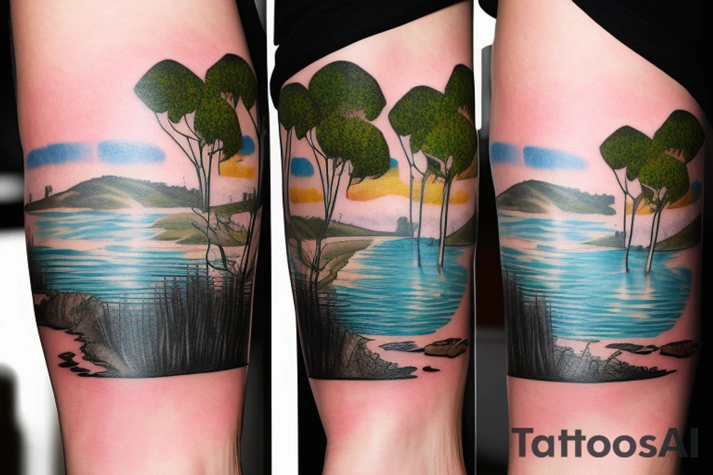 On my left arm, a sleeve tattoo of the Murray River with Eucalyptus camaldulensis is the background during sunset. tattoo idea