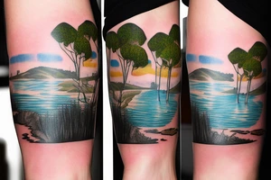 On my left arm, a sleeve tattoo of the Murray River with Eucalyptus camaldulensis is the background during sunset. tattoo idea
