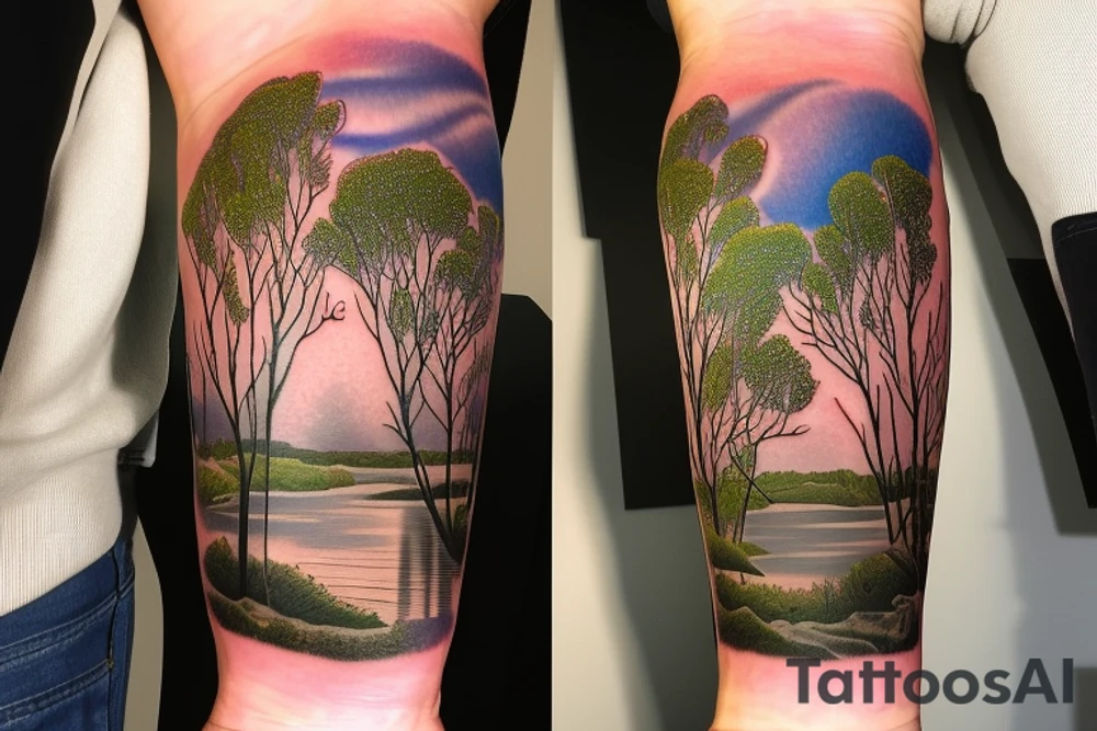 On my left arm, a sleeve tattoo of the Murray River with Eucalyptus camaldulensis is the background during sunset. tattoo idea