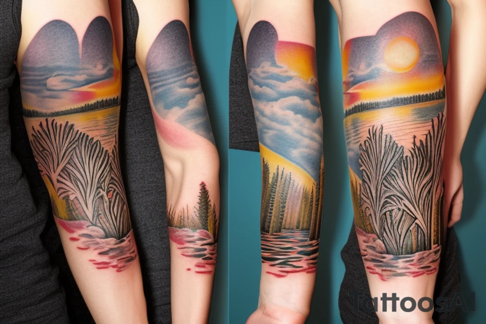 On my left arm, a sleeve tattoo of the Murray River with Eucalyptus camaldulensis is the background during sunset. tattoo idea