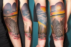 On my left arm, a sleeve tattoo of the Murray River with Eucalyptus camaldulensis is the background during sunset. tattoo idea