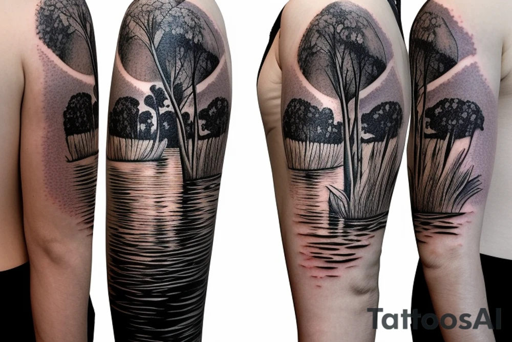 On my left arm, a sleeve tattoo of the Murray River with Eucalyptus camaldulensis is the background during sunset. tattoo idea
