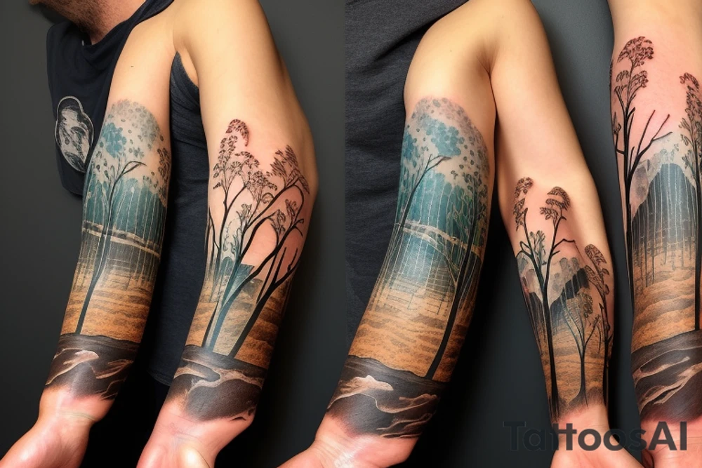 On my left arm, a sleeve tattoo of the Murray River with Eucalyptus camaldulensis is the background during sunset. tattoo idea