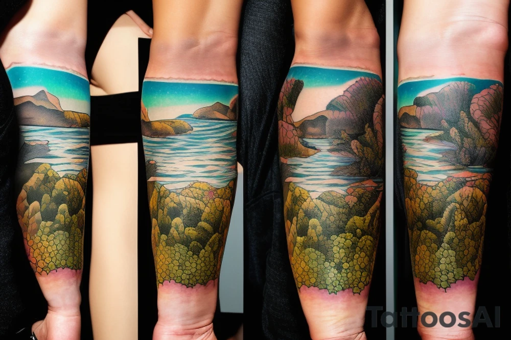 On my left arm, a sleeve tattoo of the Murray River with Eucalyptus camaldulensis is the background during sunset. tattoo idea