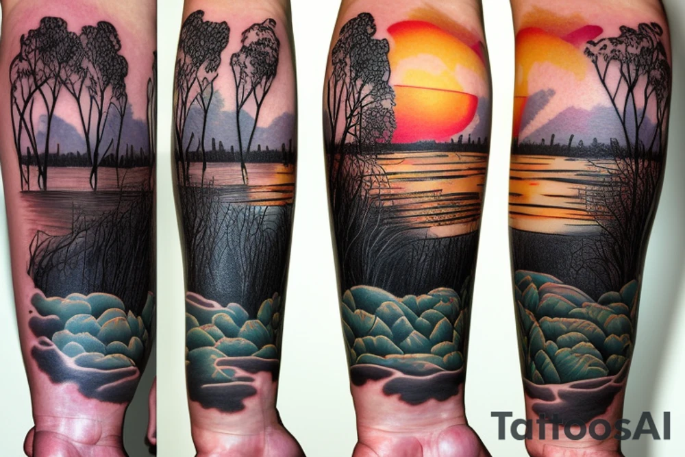 On my left arm, a sleeve tattoo of the Murray River with Eucalyptus camaldulensis is the background during sunset. tattoo idea