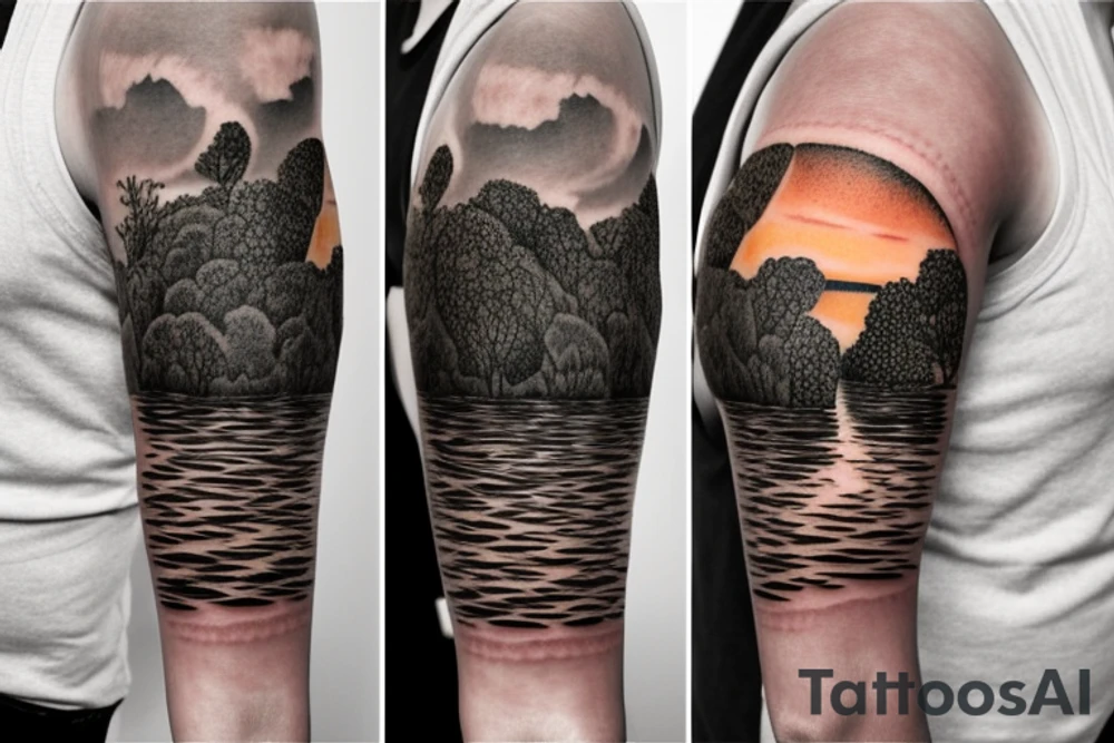 On my left arm, a sleeve tattoo of the Murray River with Eucalyptus camaldulensis is the background during sunset. tattoo idea