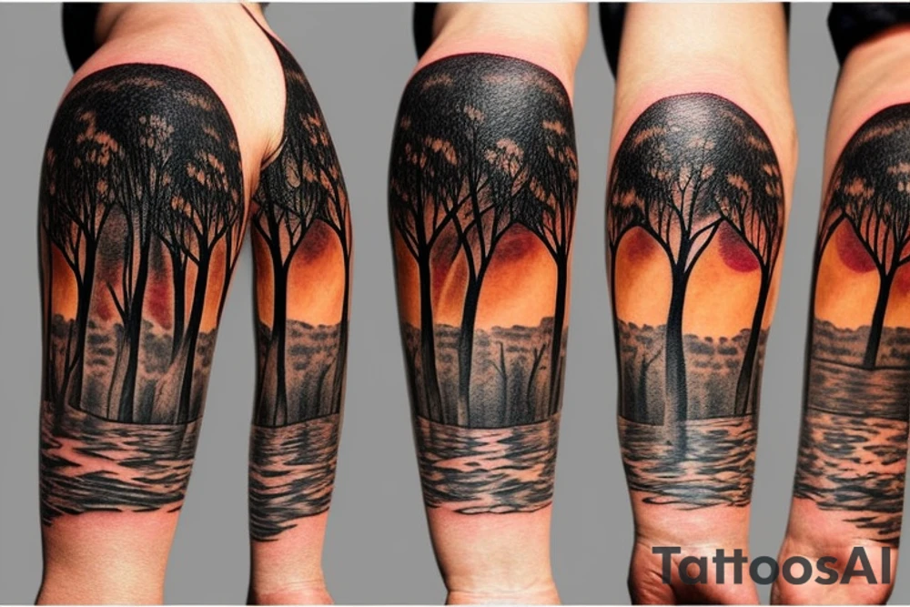 On my left arm, a sleeve tattoo of the Murray River with Eucalyptus camaldulensis is the background during sunset. tattoo idea
