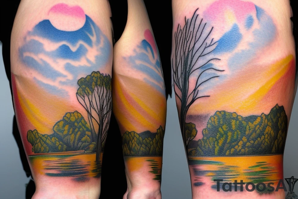 On my left arm, a sleeve tattoo of the Murray River with Eucalyptus camaldulensis is the background during sunset. tattoo idea