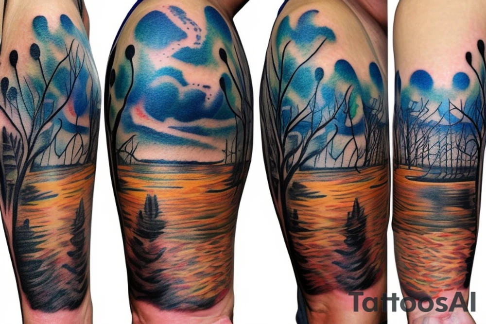 On my left arm, a sleeve tattoo of the Murray River with Eucalyptus camaldulensis is the background during sunset. tattoo idea