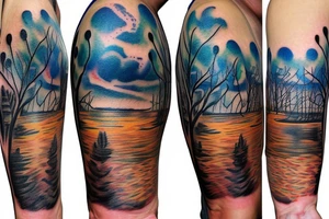 On my left arm, a sleeve tattoo of the Murray River with Eucalyptus camaldulensis is the background during sunset. tattoo idea