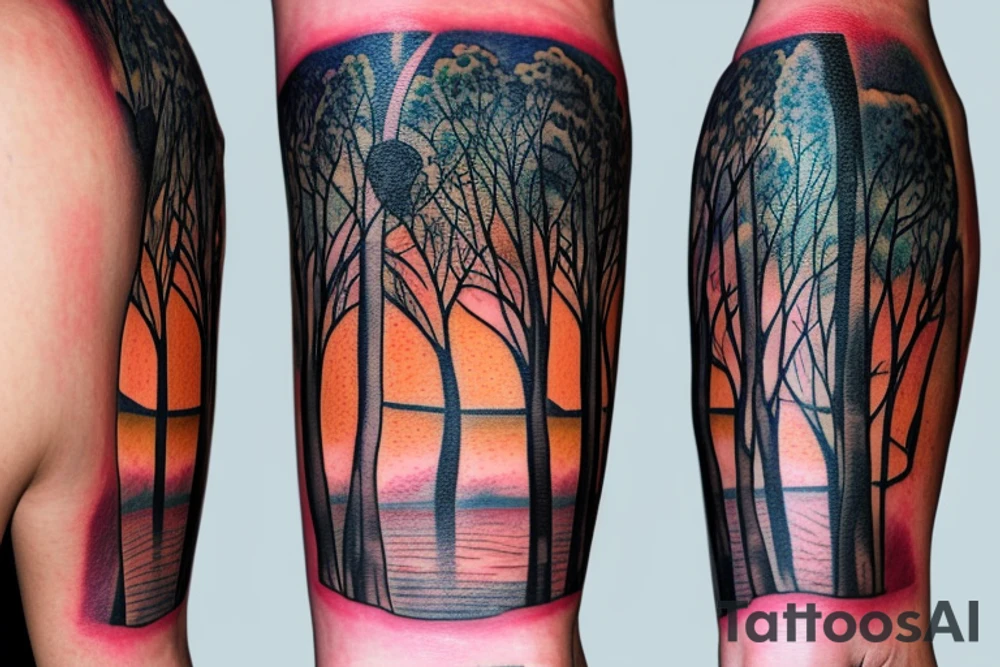 On my left arm, a sleeve tattoo of the Murray River with Eucalyptus camaldulensis is the background during sunset. tattoo idea