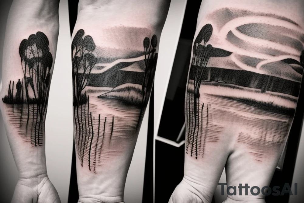 On my left arm, a sleeve tattoo of the Murray River with Eucalyptus camaldulensis is the background during sunset. tattoo idea