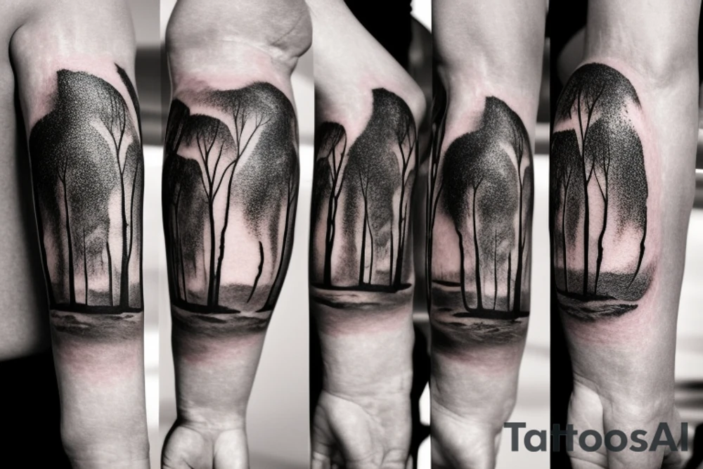 On my left arm, a sleeve tattoo of the Murray River with Eucalyptus camaldulensis is the background during sunset. tattoo idea
