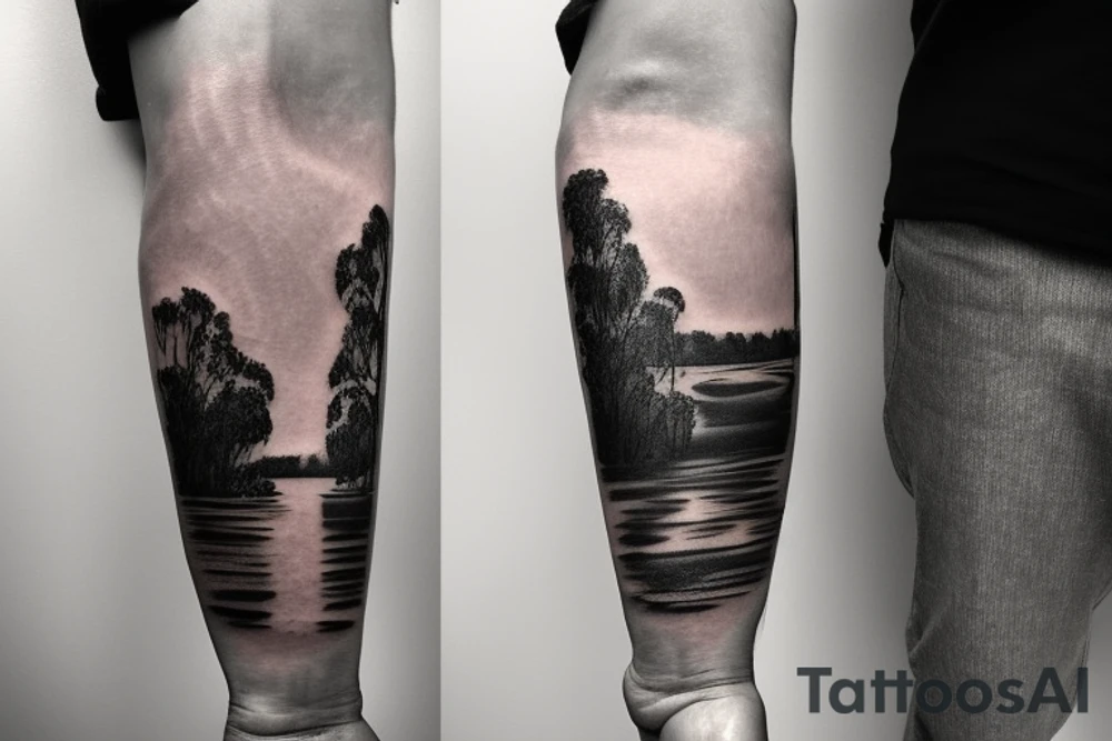 On my left arm, a sleeve tattoo of the Murray River with Eucalyptus camaldulensis is the background during sunset. tattoo idea