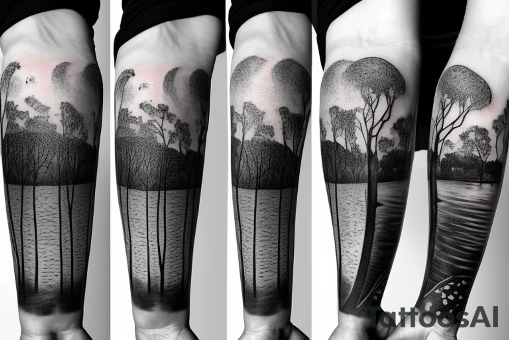 On my left arm, a sleeve tattoo of the Murray River with Eucalyptus camaldulensis is the background during sunset. tattoo idea