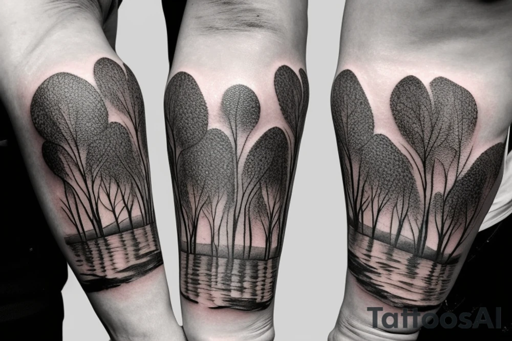 On my left arm, a sleeve tattoo of the Murray River with Eucalyptus camaldulensis is the background during sunset. tattoo idea