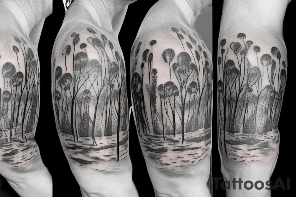 On my left arm, a sleeve tattoo of the Murray River with Eucalyptus camaldulensis is the background during sunset. tattoo idea
