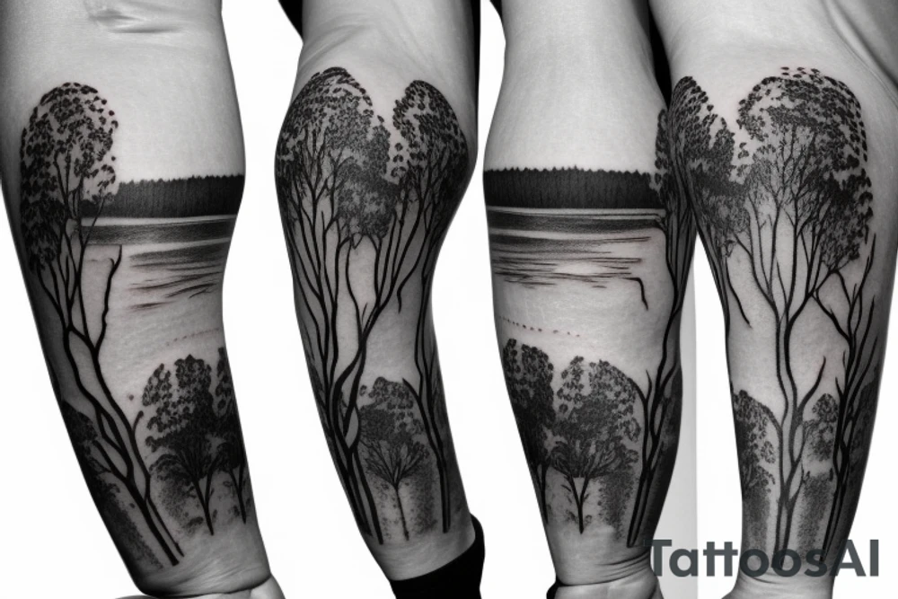 On my left arm, a sleeve tattoo of the Murray River with Eucalyptus camaldulensis is the background during sunset. tattoo idea