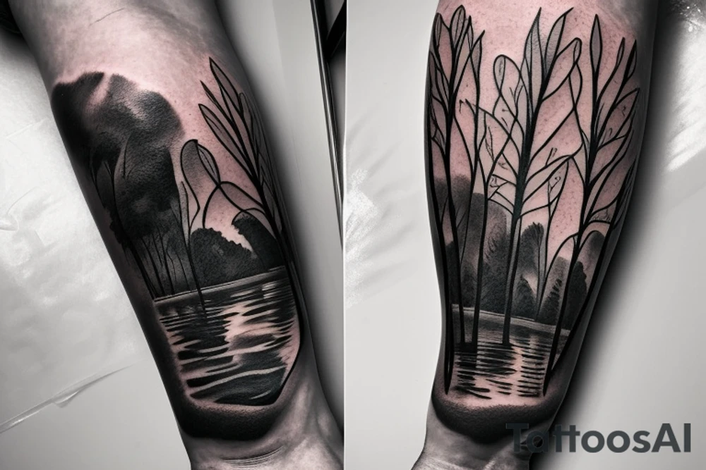 On my left arm, a sleeve tattoo of the Murray River with Eucalyptus camaldulensis is the background during sunset. tattoo idea