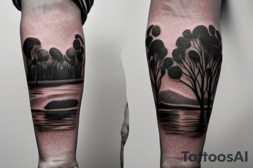 On my left arm, a sleeve tattoo of the Murray River with Eucalyptus camaldulensis is the background during sunset. tattoo idea