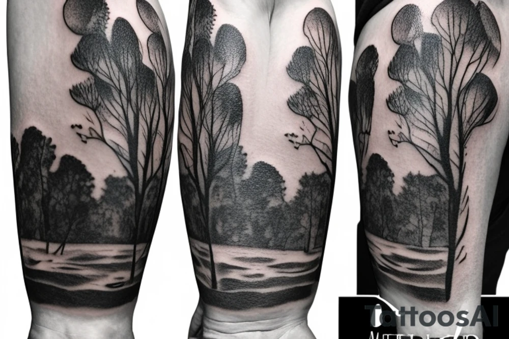 On my left arm, a sleeve tattoo of the Murray River with Eucalyptus camaldulensis is the background during sunset. tattoo idea
