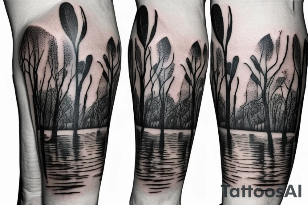 On my left arm, a sleeve tattoo of the Murray River with Eucalyptus camaldulensis is the background during sunset. tattoo idea