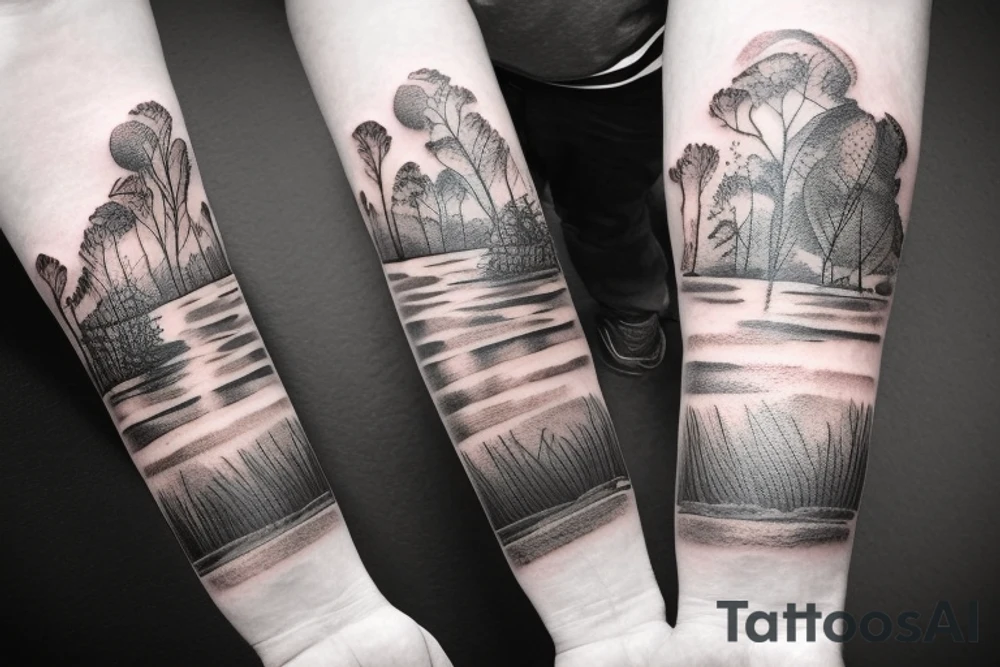 On my left arm, a sleeve tattoo of the Murray River with Eucalyptus camaldulensis is the background during sunset. tattoo idea