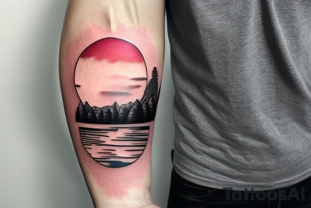 On my left arm, a sleeve tattoo of the Murray River with Eucalyptus camaldulensis is the background during sunset. tattoo idea