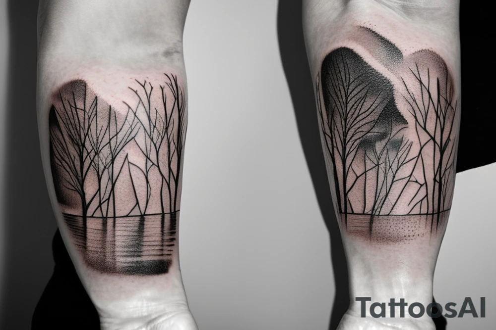On my left arm, a sleeve tattoo of the Murray River with Eucalyptus camaldulensis is the background during sunset. tattoo idea
