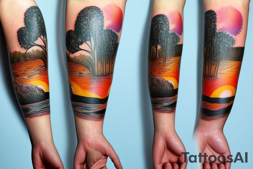 On my left arm, a sleeve tattoo of the Murray River with Eucalyptus camaldulensis is the background during sunset. tattoo idea