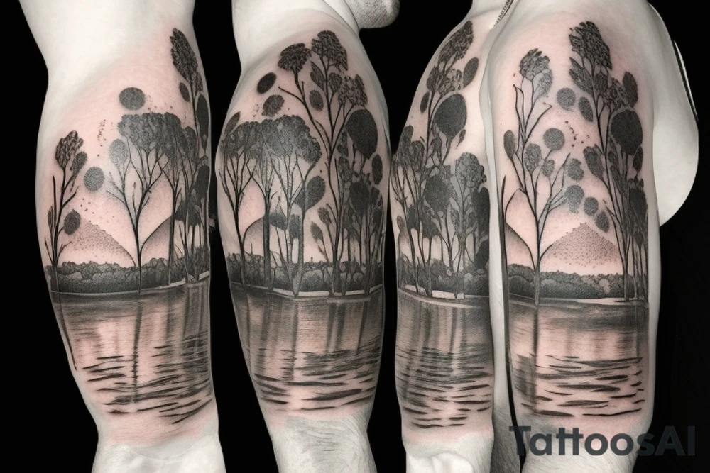 On my left arm, a sleeve tattoo of the Murray River with Eucalyptus camaldulensis is the background during sunset. tattoo idea