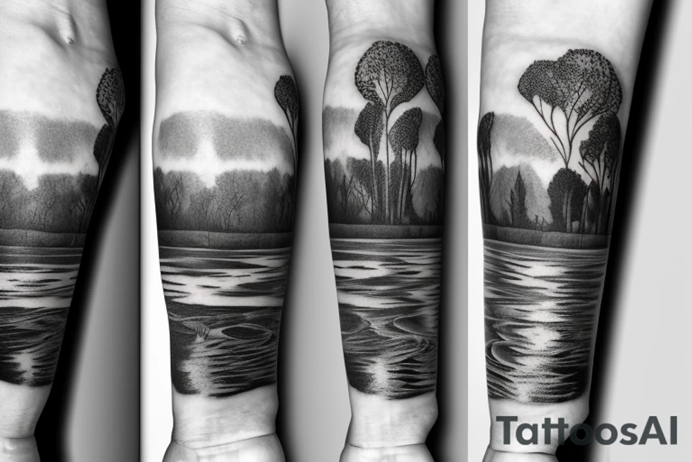 On my left arm, a sleeve tattoo of the Murray River with Eucalyptus camaldulensis is the background during sunset. tattoo idea