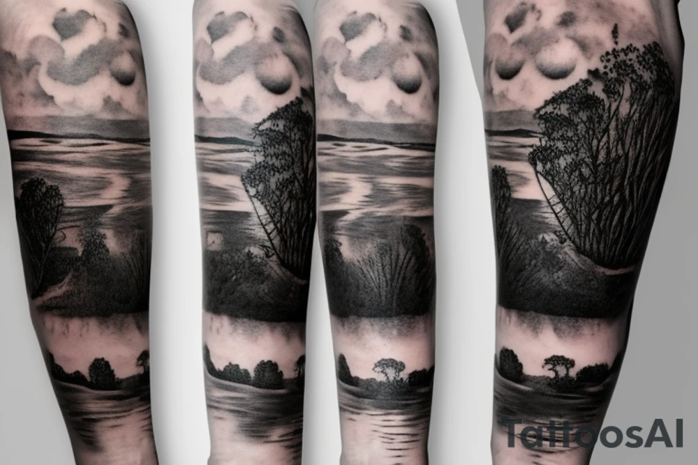 On my left arm, a sleeve tattoo of the Murray River with Eucalyptus camaldulensis is the background during sunset. tattoo idea
